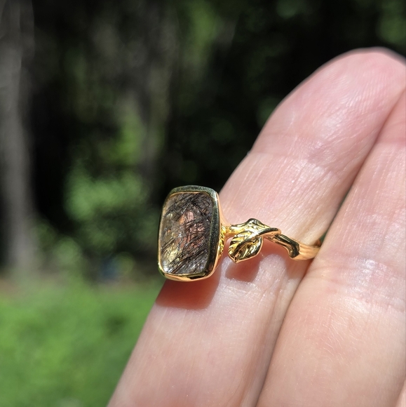 Rutilated Quartz 7k cushion cut sterling & gold ring sz8.75 - Picture 6 of 7